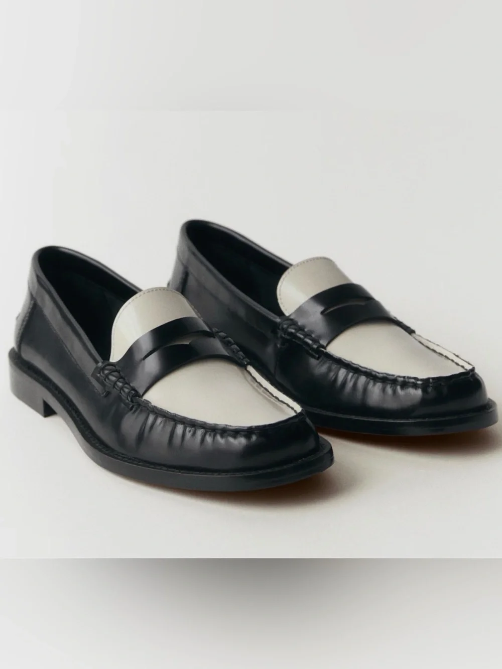 NEW MANGO MNG BLACK WHITE TWO TONE LEATHER PENNY LOAFERS SHOES SZ 37 US 6.5